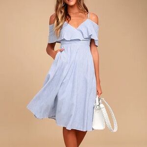 Lulus Yacht Rock Blue and White Striped Off-the-Shoulder Midi Dress